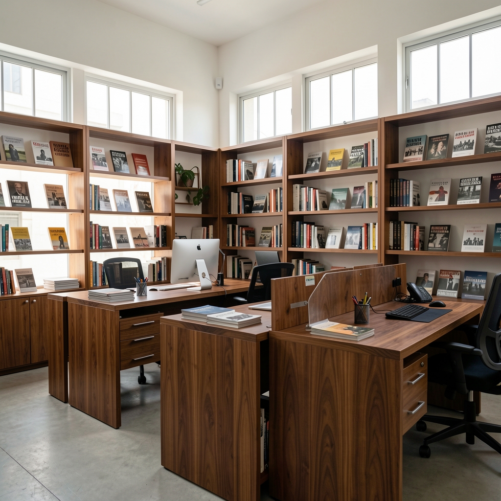Oficina editorial de Cerlumo en Recoleta Buenos Aires con escritorios de madera, estanterías con libros de periodismo y luz natural que entra por ventanales amplios