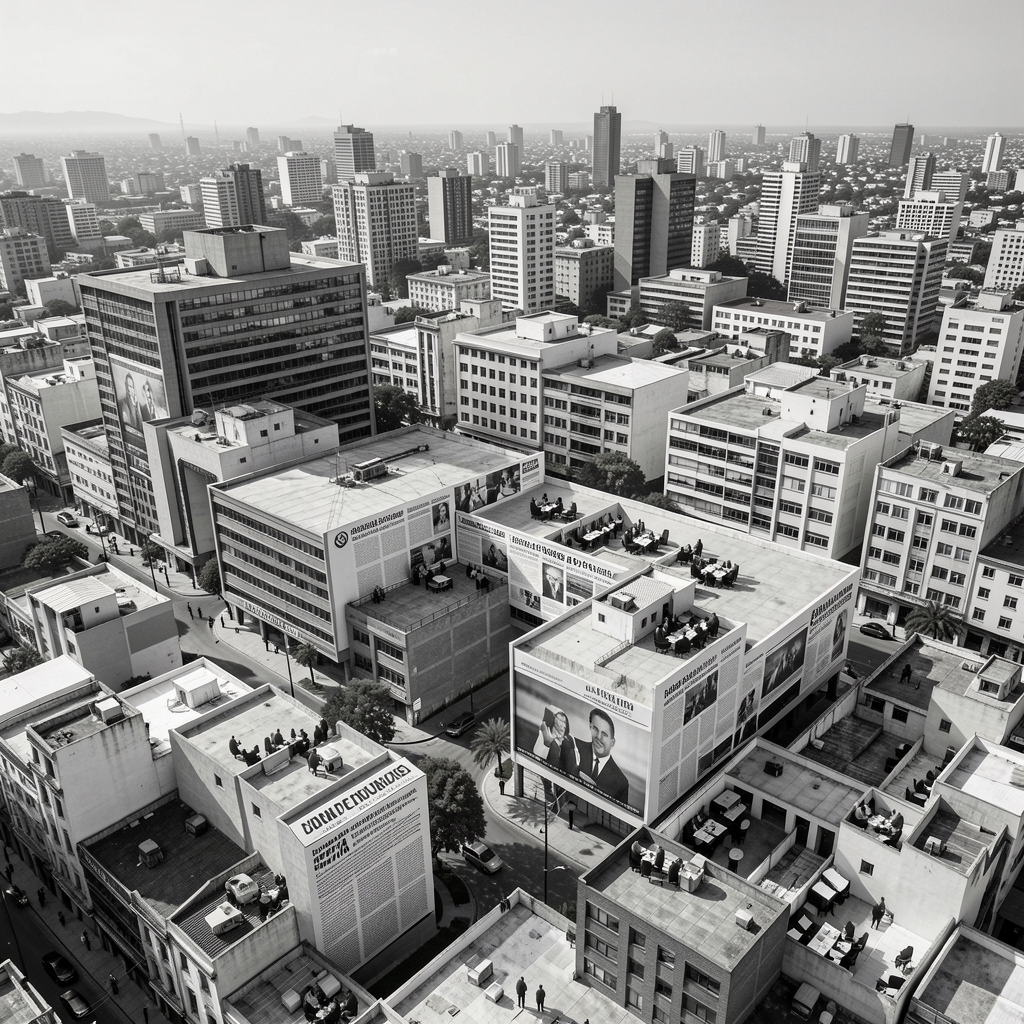 Vista aérea de múltiples redacciones periodísticas superpuestas en collage fotográfico monocromático que representa la concentración mediática argentina