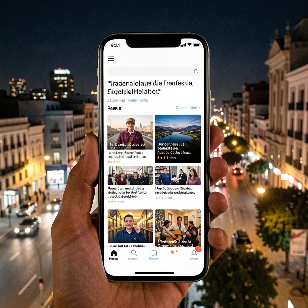Pantalla de teléfono celular con aplicación de noticias abierta sobre fondo de ciudad nocturna argentina