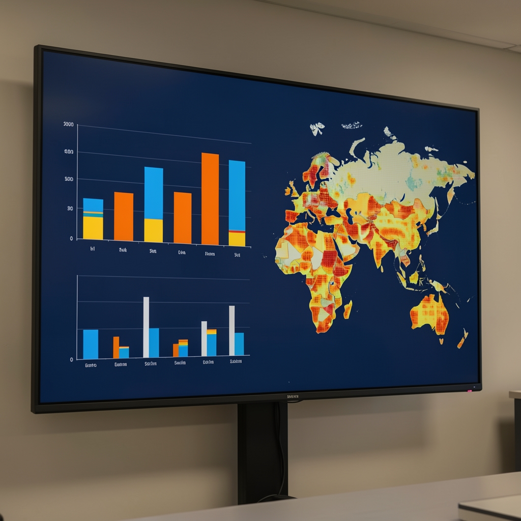 Visualización de datos periodísticos en pantalla grande, gráficos de barras y mapas de calor sobre fondo oscuro azulado