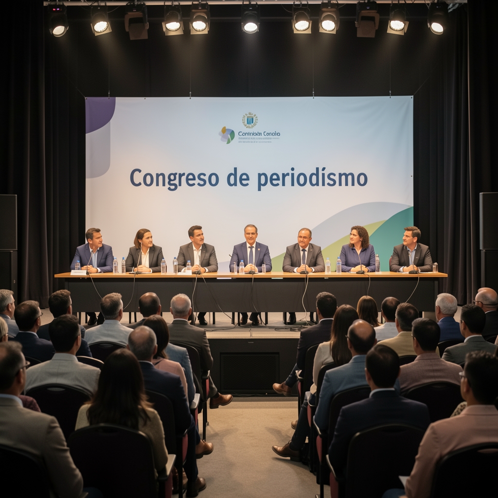 Congreso de periodismo con panelistas en escenario iluminado frente a audiencia de profesionales, banner institucional al fondo