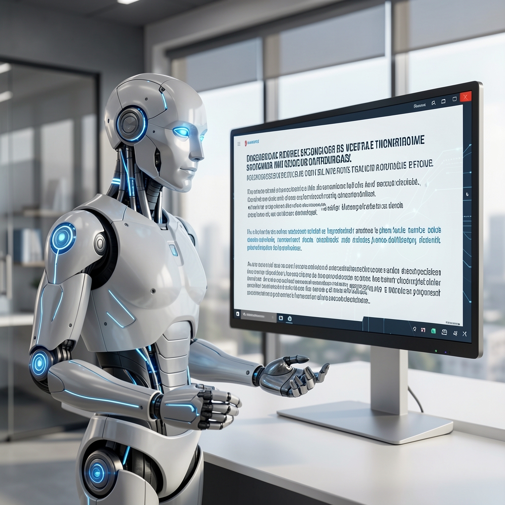 Robot o figura digital representando inteligencia artificial frente a una pantalla con texto periodístico, ilustración conceptual moderna