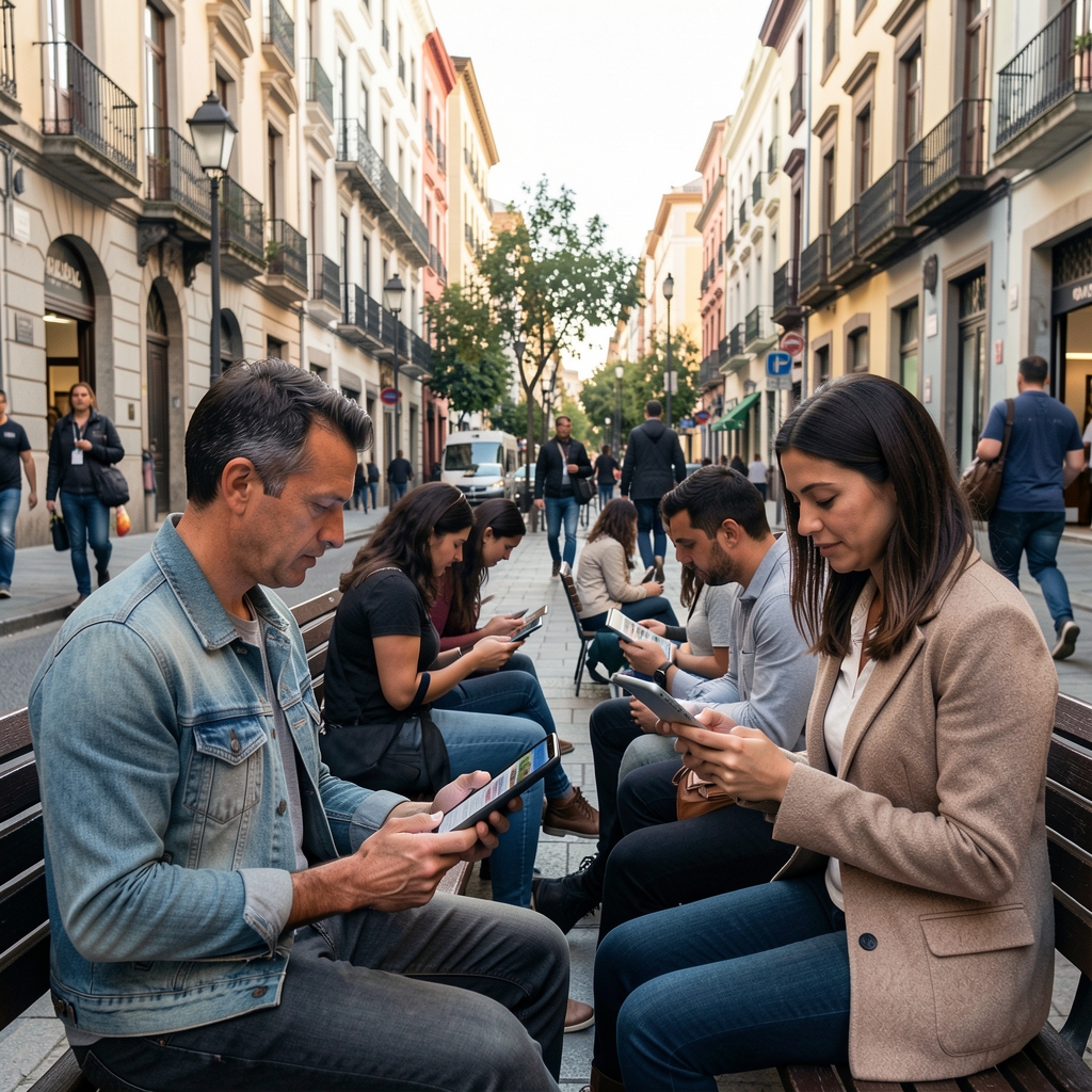 Personas diversas usando smartphones y tablets para leer noticias en espacios públicos urbanos de Buenos Aires, Argentina