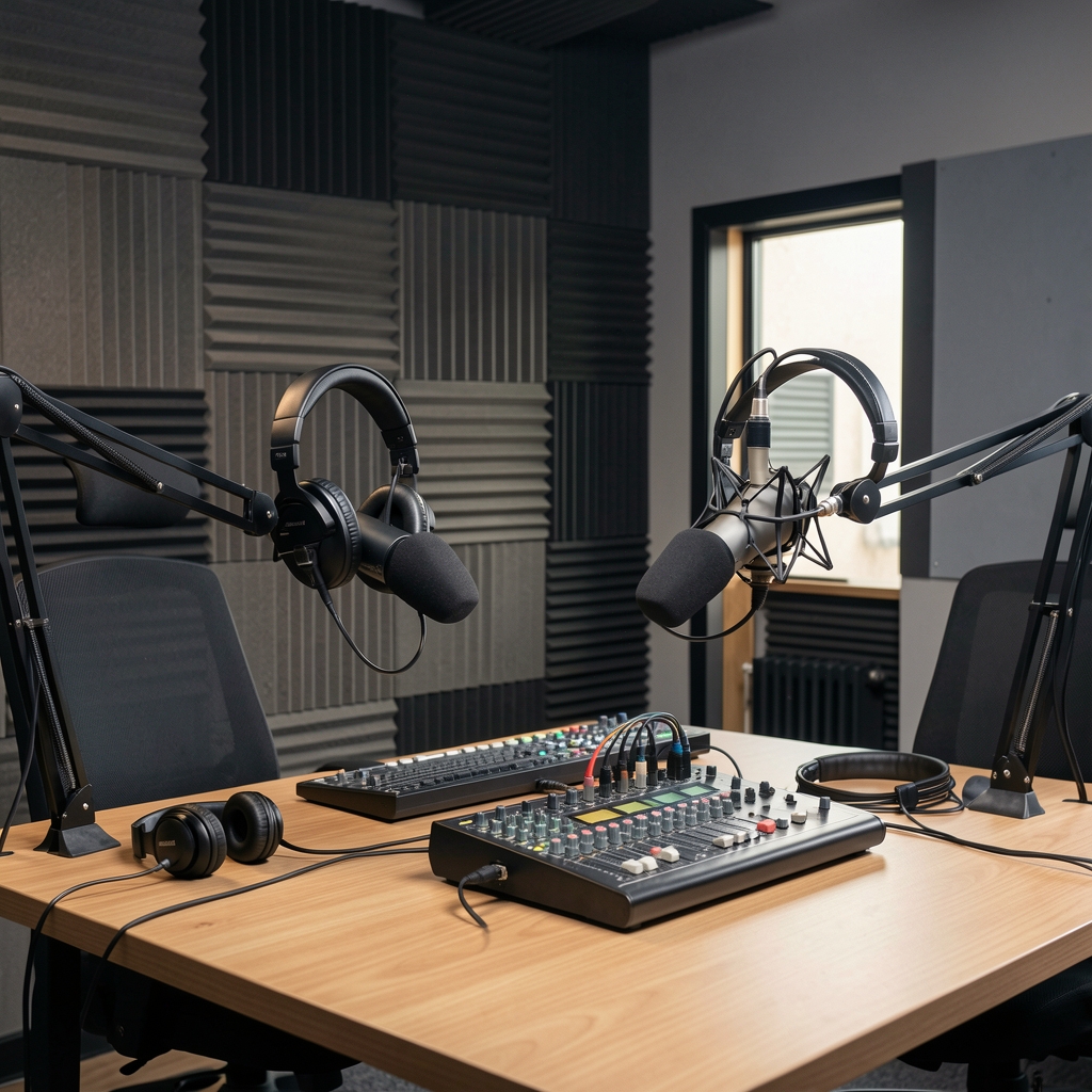 Estudio de podcast periodístico con micrófonos profesionales, auriculares y equipo de grabación en ambiente acústicamente tratado
