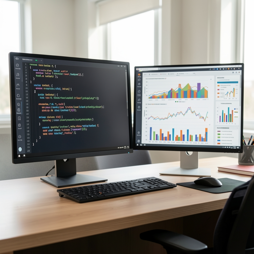 Pantalla de computadora con código de lenguaje de programación Python y visualización de datos periodísticos en monitor doble de escritorio