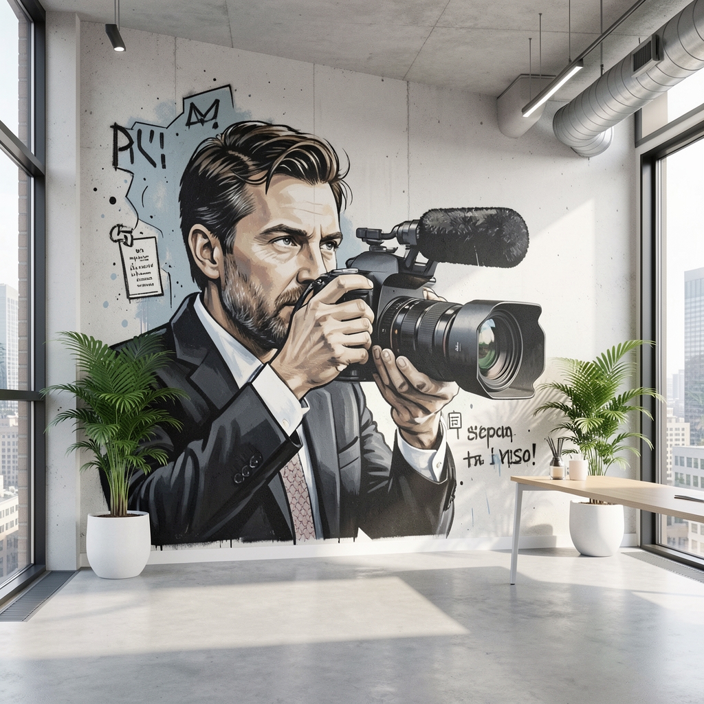 Mural artístico urbano representando libertad de prensa con imagen de periodista y cámara fotográfica en Buenos Aires