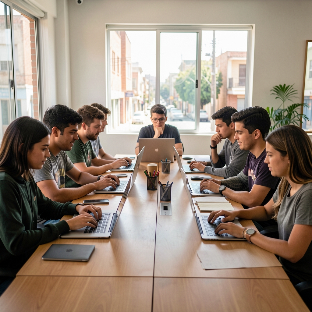 Taller de periodismo comunitario con grupo de jóvenes periodistas trabajando alrededor de mesa con computadoras portátiles en Argentina