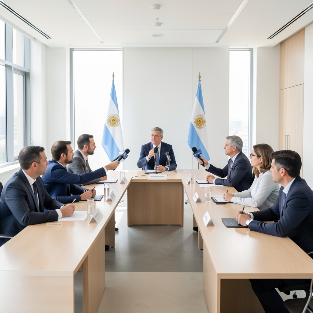Conferencia de prensa con periodistas haciendo preguntas a funcionario público en sala formal con banderas argentinas al fondo