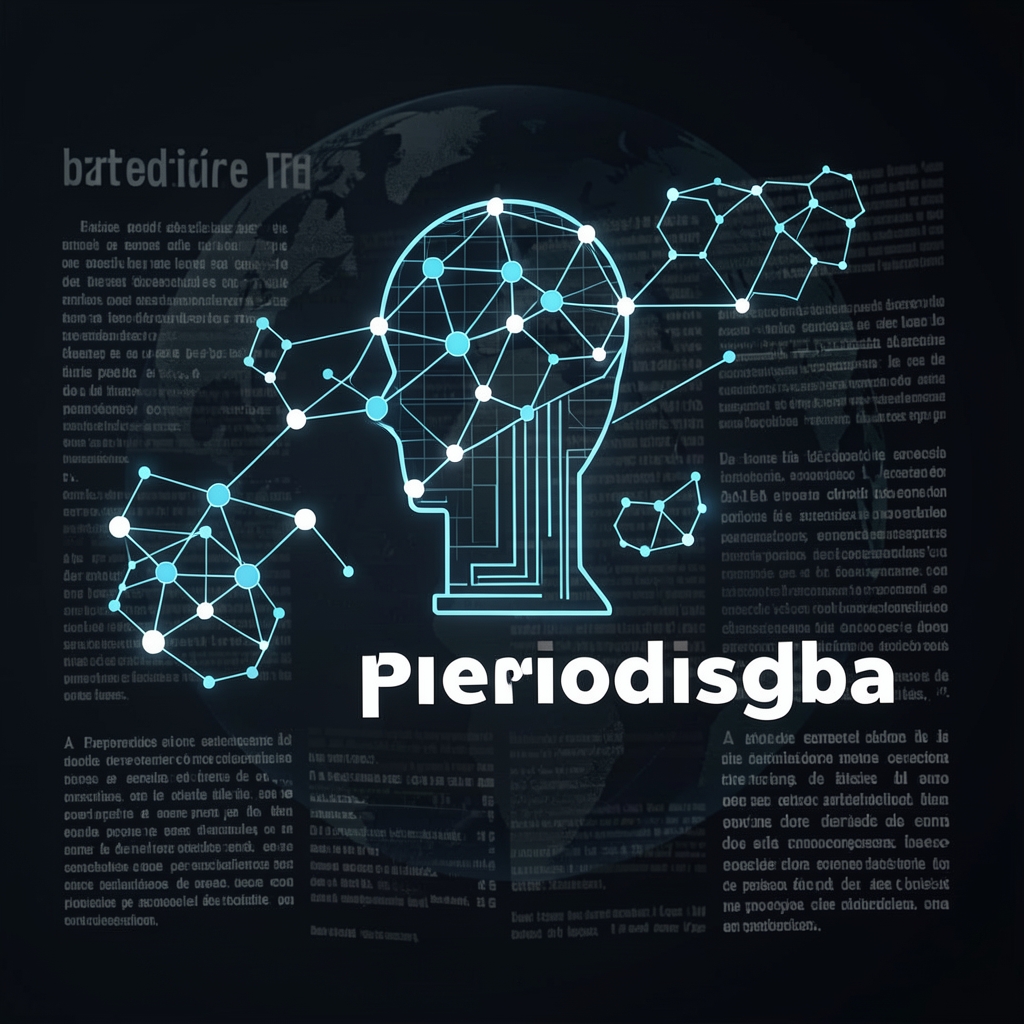 Representación visual de inteligencia artificial en periodismo con iconos de redes neuronales y texto periodístico en fondo oscuro