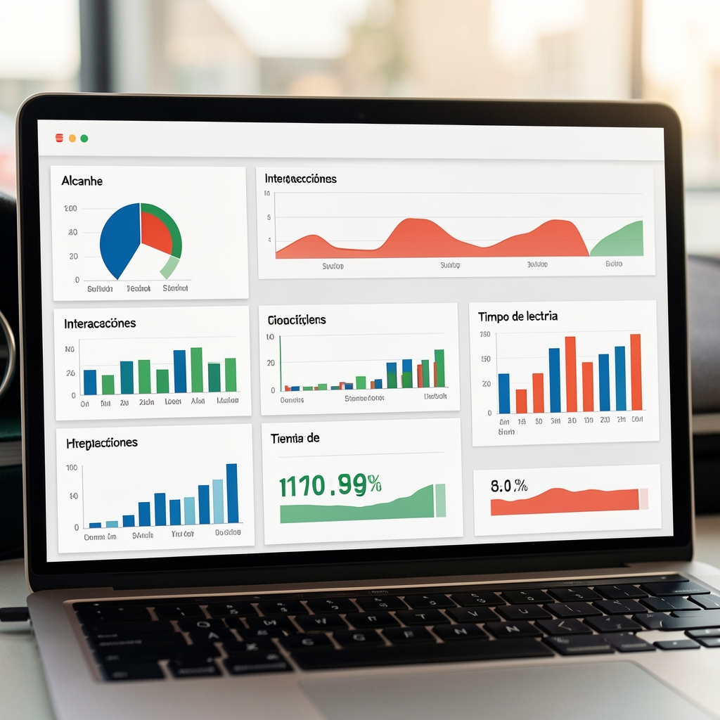 Dashboard con métricas de impacto de artículos periodísticos mostrando alcance, interacciones y tiempo de lectura