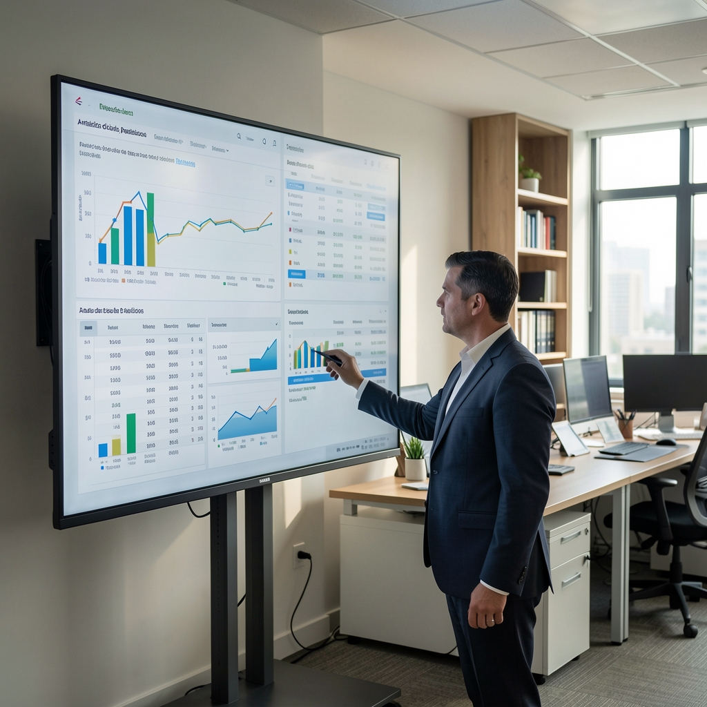 Analista de datos periodísticos revisando visualizaciones y tablas en pantalla grande en sala de redacción contemporánea
