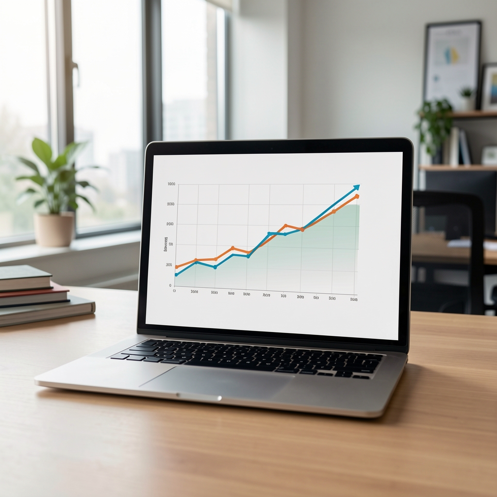 Gráficos de tendencias de consumo mediático digital con líneas de crecimiento en pantalla de laptop en oficina iluminada