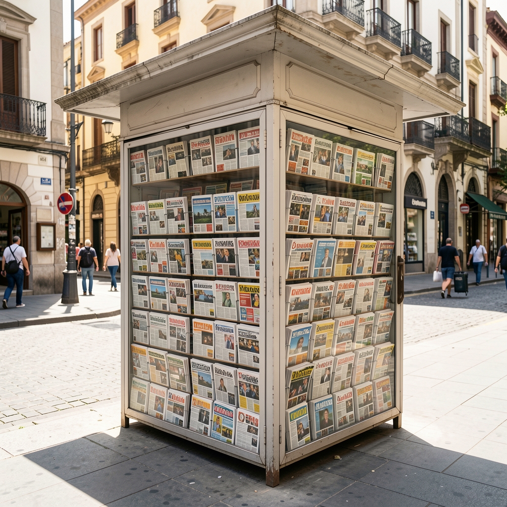Kiosco de diarios y revistas argentino con varios periódicos impresos nacionales en exposición en calle de Buenos Aires durante mañana soleada