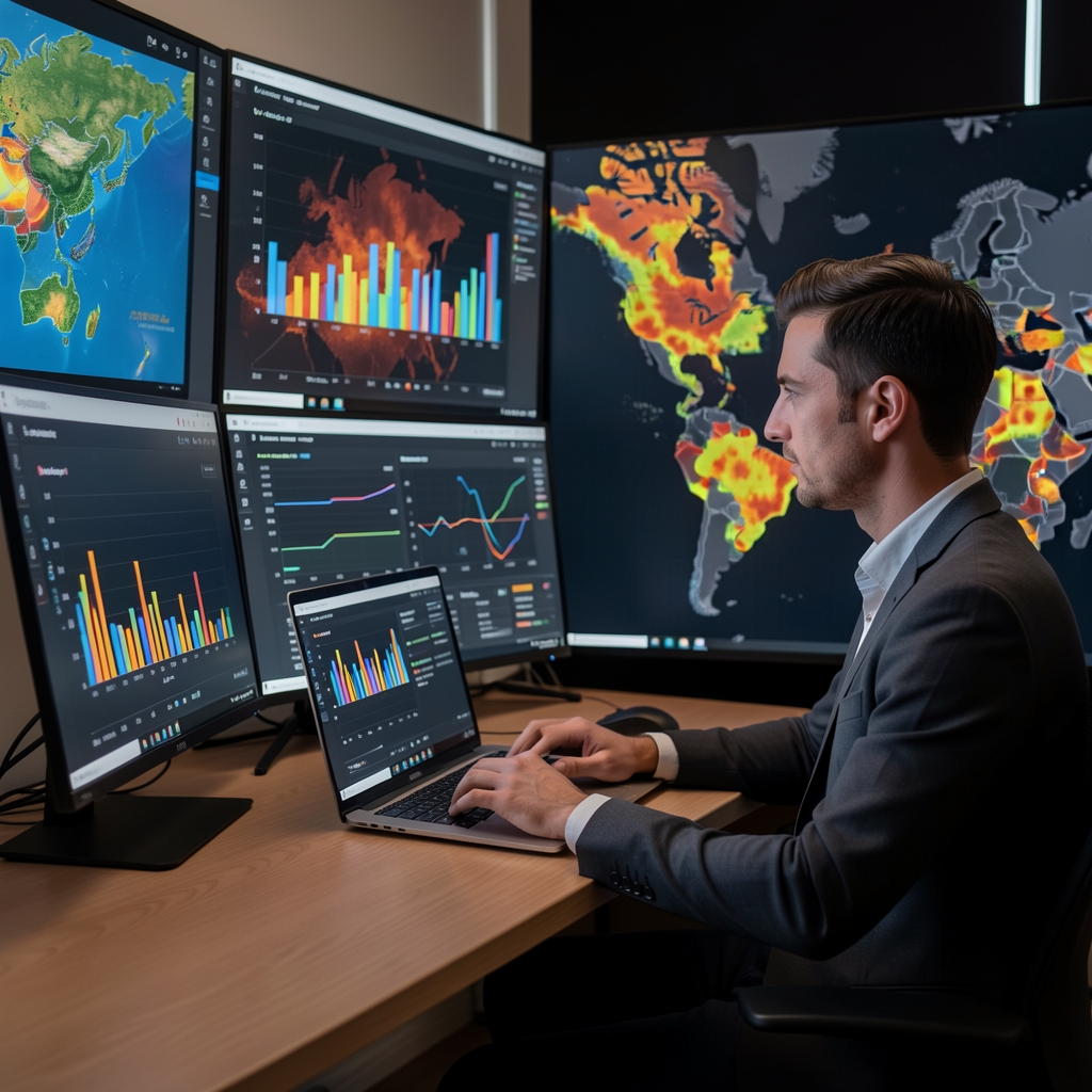 Analista de datos periodísticos trabajando con visualizaciones interactivas en múltiples pantallas con gráficos de barras y mapas de calor en fondo oscuro