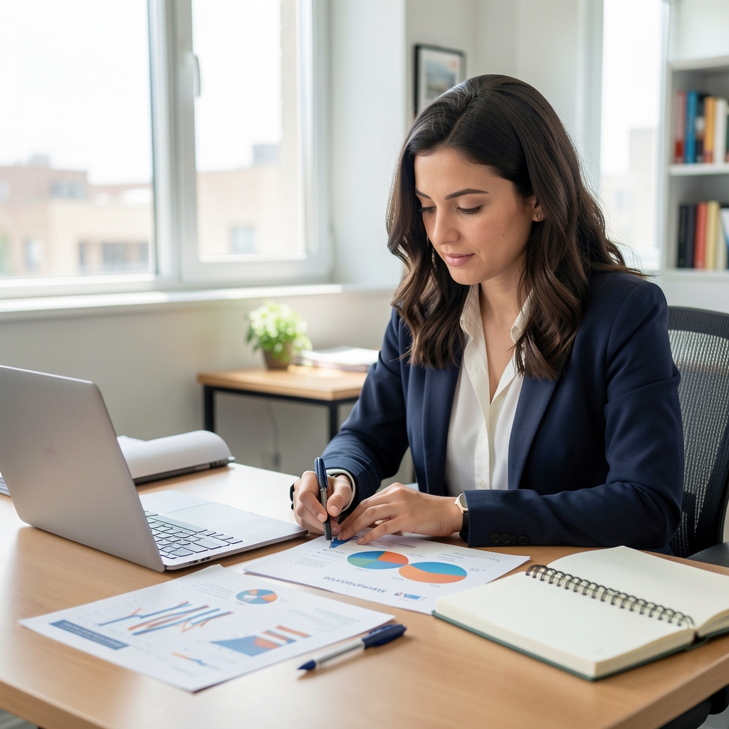 Investigadora revisando gráficos impresos de análisis de medios sobre una mesa con laptop, bolígrafo y cuaderno de notas en oficina luminosa