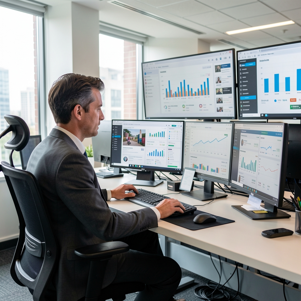 Periodista trabajando en sala de redacción digital moderna con múltiples pantallas mostrando métricas y dashboards de analítica de noticias