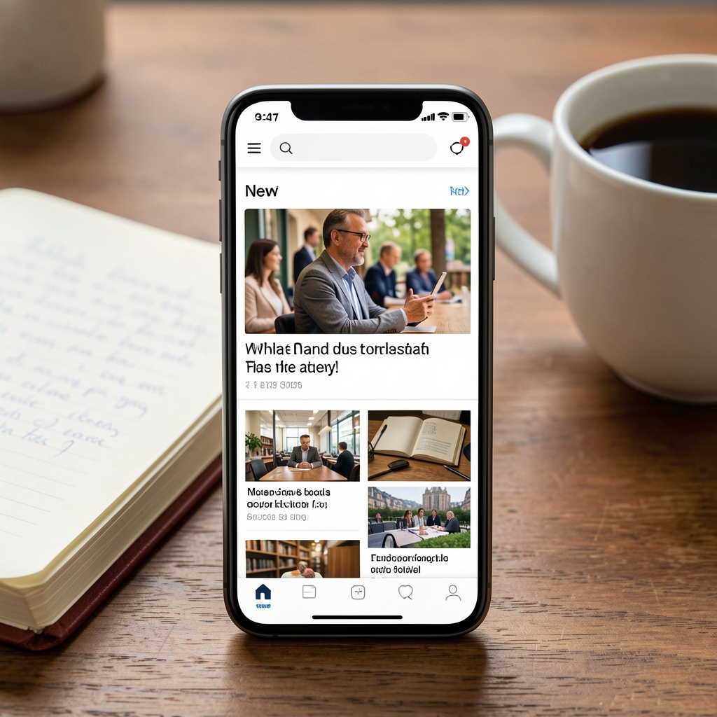 Pantalla de smartphone mostrando aplicación de noticias con artículos periodísticos sobre fondo de escritorio con cuaderno y café