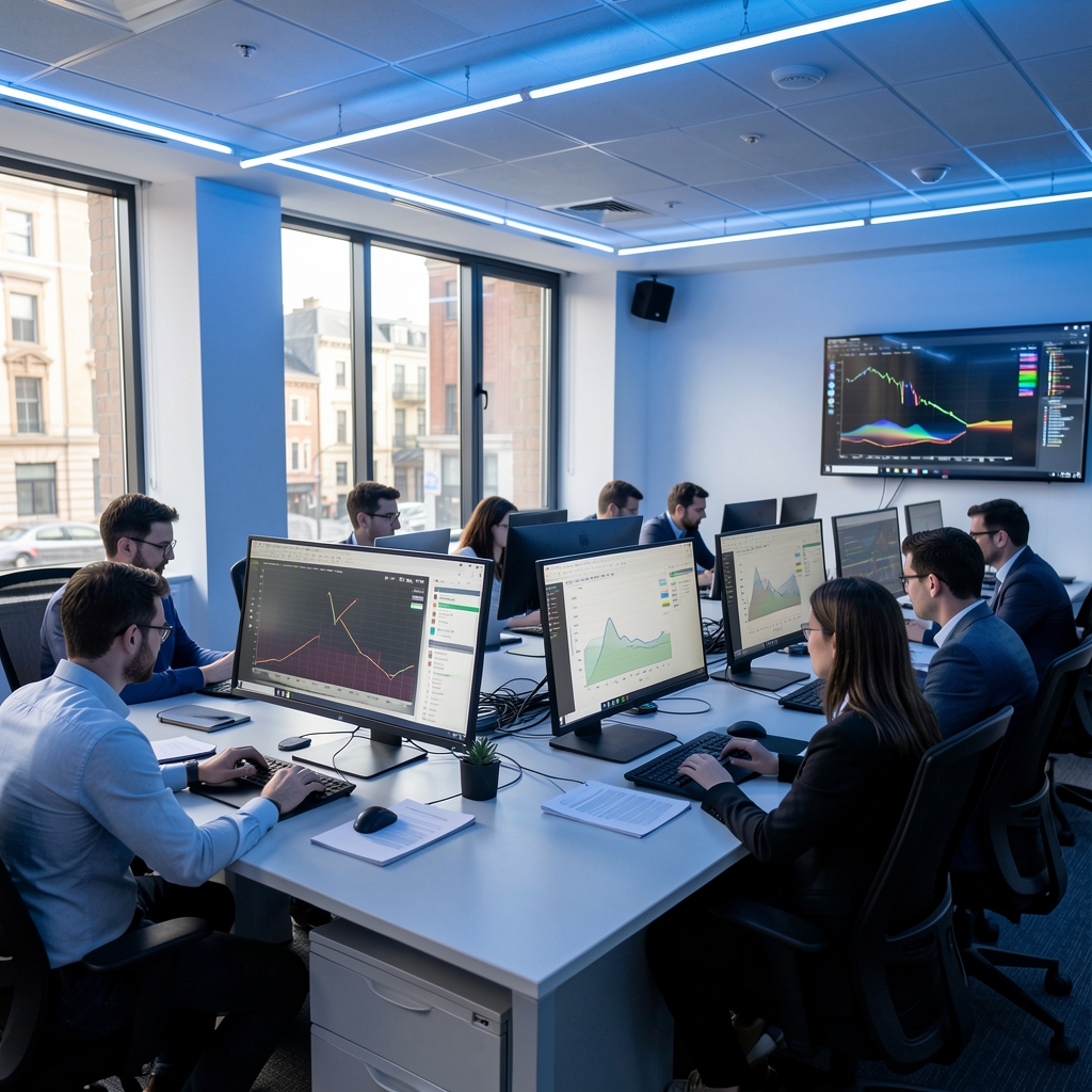 Sala de redacción moderna con periodistas analizando datos en pantallas grandes, ambiente de trabajo intenso y colaborativo con luz de neón azulada
