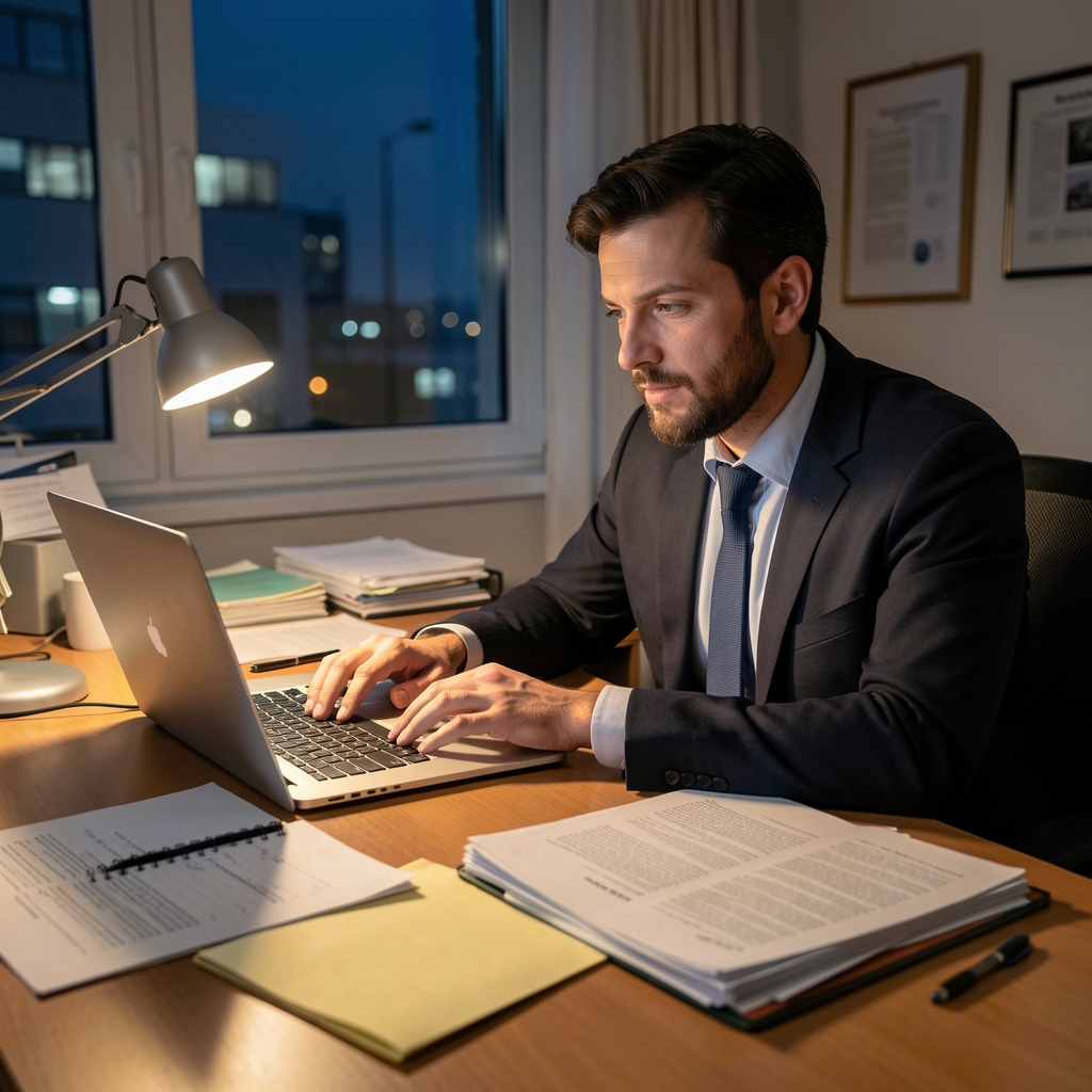 Periodista investigador en escritorio con documentos impresos, notas y laptop, trabajando en investigación periodística nocturna con luz de escritorio
