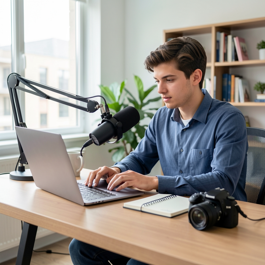 Periodista joven trabajando con múltiples herramientas digitales: laptop, micrófono de podcast, cámara y cuaderno de notas en un espacio de trabajo moderno y luminoso