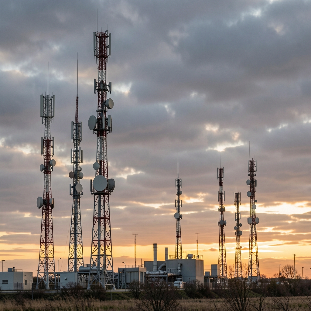 Torres de transmisión de televisión y antenas satelitales en la periferia de Buenos Aires, cielo nublado al atardecer con tonos grises industriales