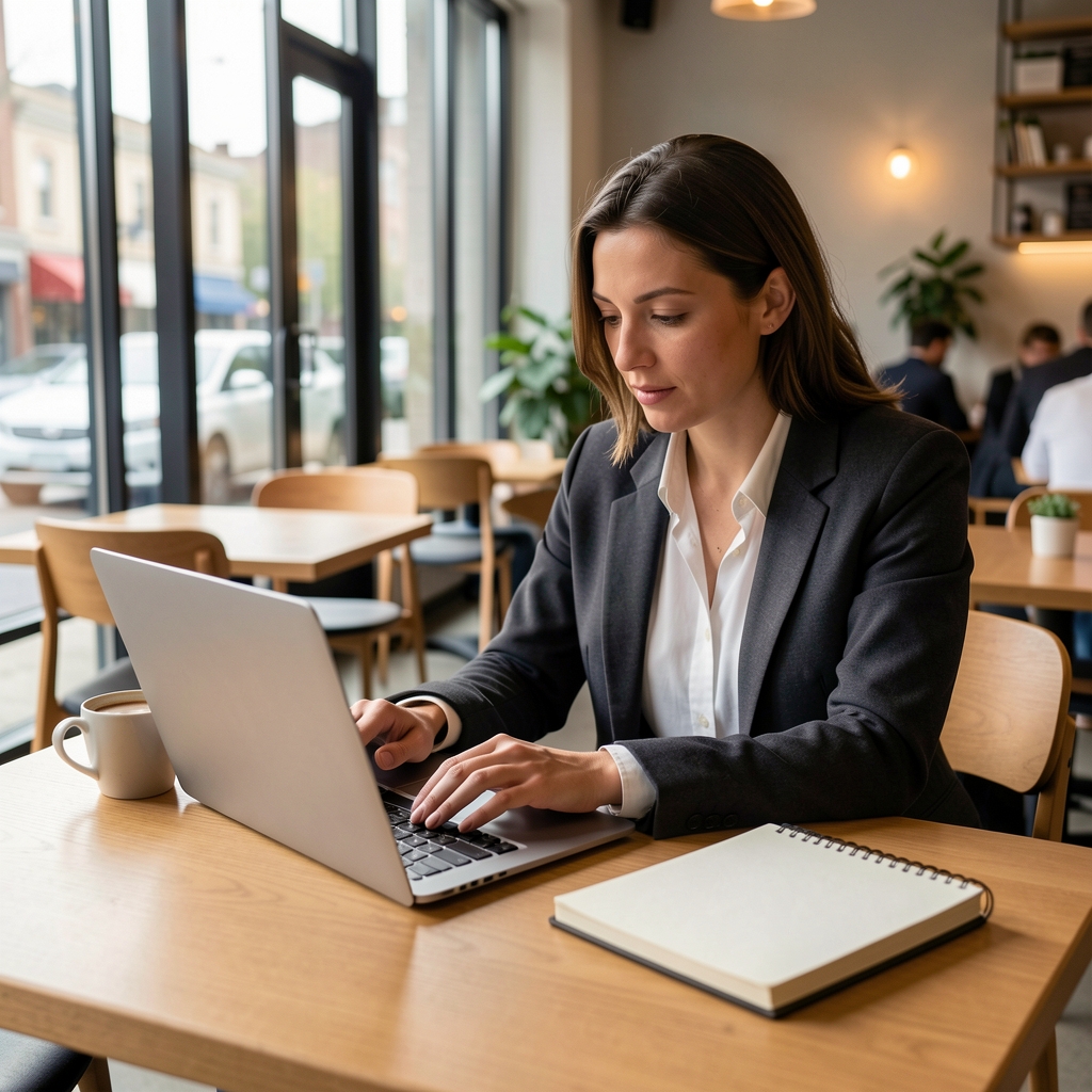 Persona leyendo un newsletter periodístico en laptop en una cafetería moderna de Buenos Aires, taza de café y cuaderno sobre la mesa de madera