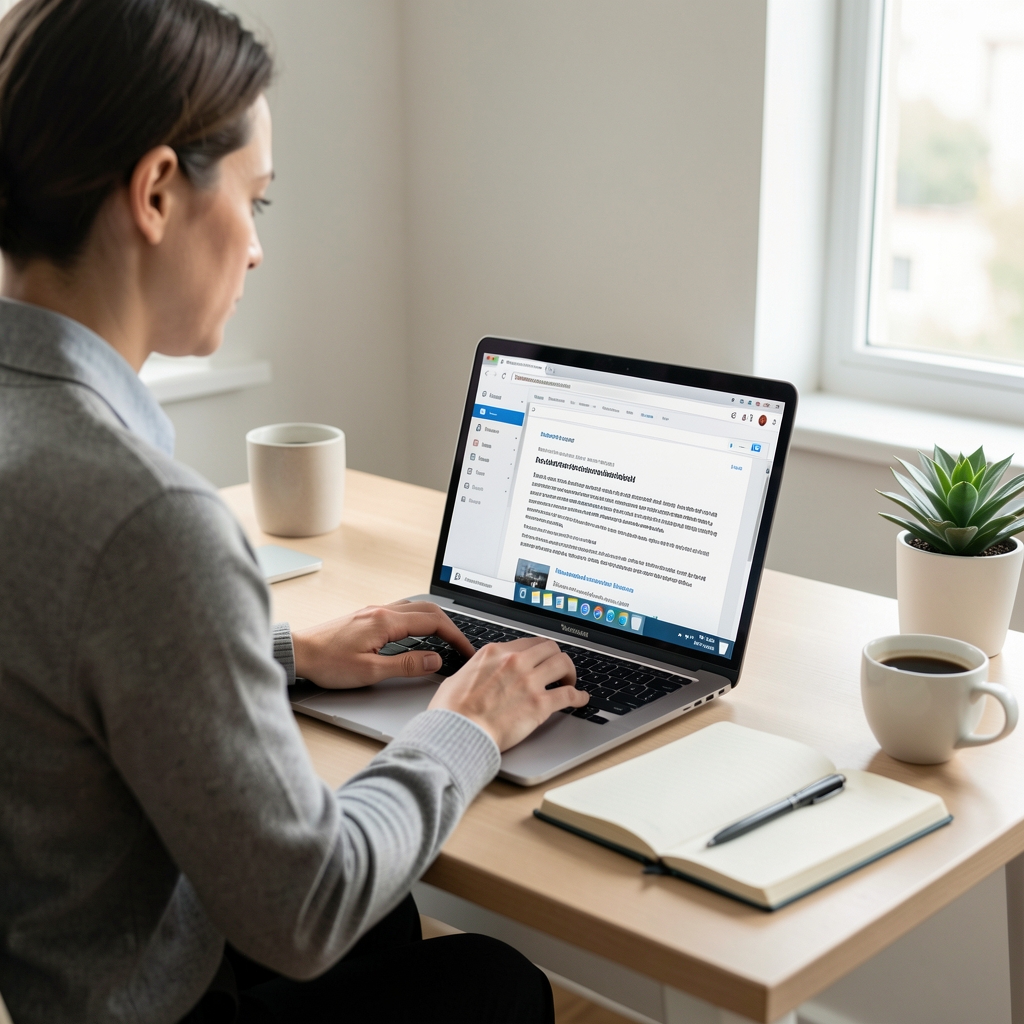 Periodista trabajando en laptop en escritorio minimalista con libreta y café, redactando newsletter en aplicación de correo electrónico con texto en pantalla