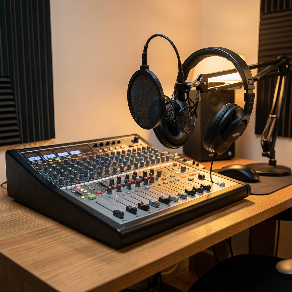 Estudio de grabación de podcast con micrófono profesional de condensador, auriculares y mezclador de audio sobre escritorio de madera iluminado con luz cálida