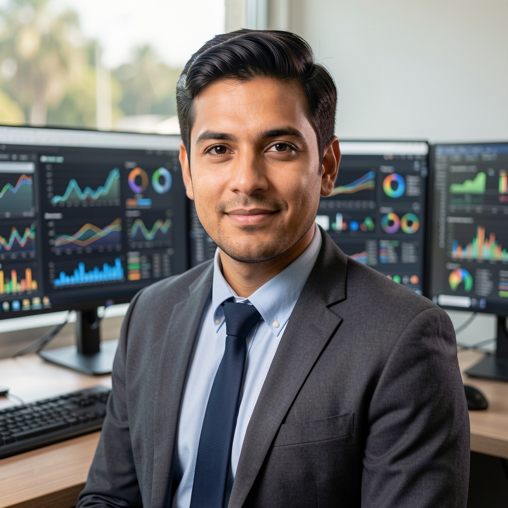 Andrés Quiroga, periodista de datos, hombre latinoamericano de 31 años, en escritorio con múltiples monitores mostrando visualizaciones de datos y estadísticas