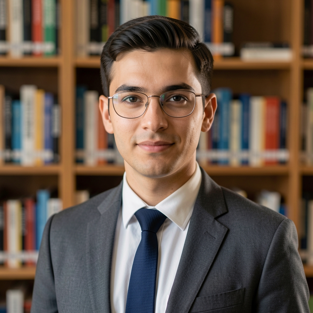Federico Almada, analista senior de medios, hombre joven argentino de 32 años, gafas finas, en biblioteca con libros de comunicación al fondo