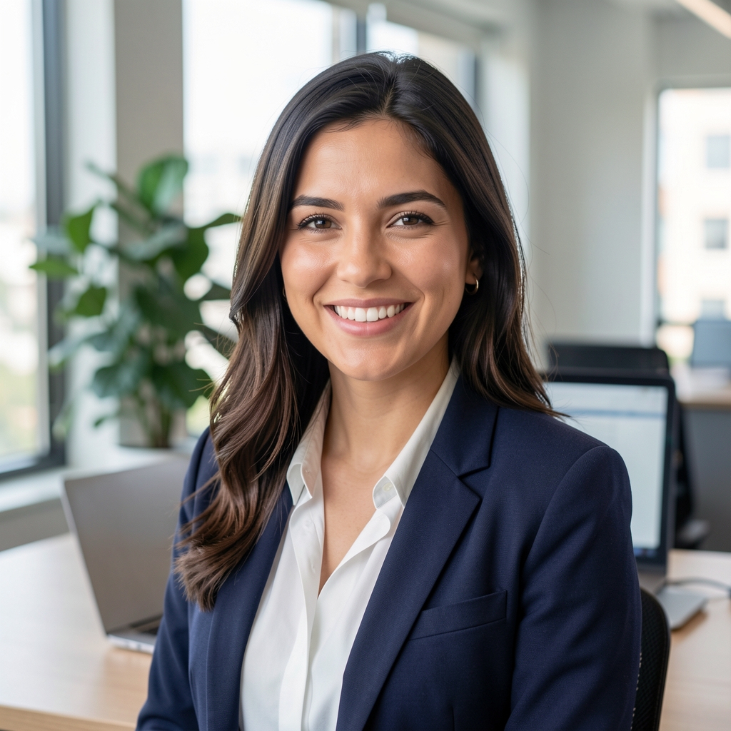 Lucía Ferrara, periodista digital, mujer argentina joven de unos 28 años, sonrisa profesional, fondo de escritorio con laptop y planta en oficina moderna