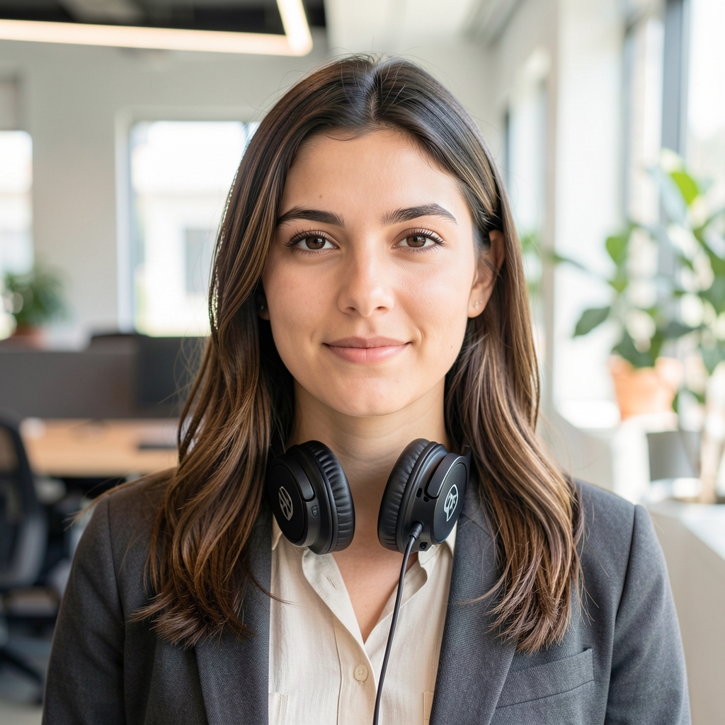 Sofía Pedraza, editora de audiencias, mujer argentina joven de 27 años, con auriculares en el cuello, ambiente de startup mediática moderna y luminosa